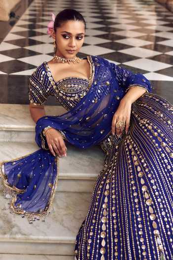 Nidhika Shekhar Purple Crepe Sweetheart Neck Mayurika Embroidered Lehenga Set Online at Aza Fashions Nidhika Shekhar_Purple Crepe Sweetheart Neck Mayurika Embroidered Lehenga Set _Online_at_Aza_Fashions