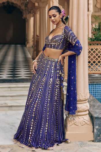 Buy Nidhika Shekhar Purple Crepe Sweetheart Neck Mayurika Embroidered Lehenga Set Online at Aza Fashions Buy_Nidhika Shekhar_Purple Crepe Sweetheart Neck Mayurika Embroidered Lehenga Set _Online_at_Aza_Fashions