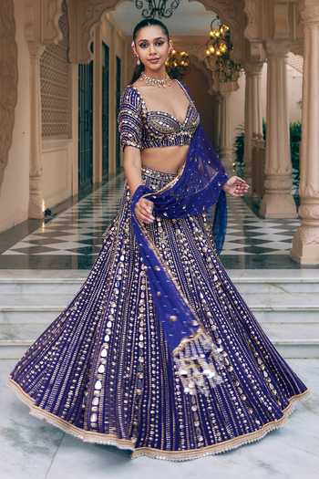 Nidhika Shekhar Purple Crepe Sweetheart Neck Mayurika Embroidered Lehenga Set at Aza Fashions Nidhika Shekhar_Purple Crepe Sweetheart Neck Mayurika Embroidered Lehenga Set _at_Aza_Fashions