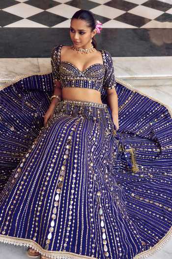 Buy Nidhika Shekhar Purple Crepe Sweetheart Neck Mayurika Embroidered Lehenga Set Buy_Nidhika Shekhar_Purple Crepe Sweetheart Neck Mayurika Embroidered Lehenga Set