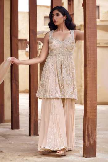 Nidhika Shekhar Pink Georgette Sweetheart Neck, Mrinalini Embroidered Flared Kurta Sharara Set Online at Aza Fashions Nidhika Shekhar_Pink Georgette Sweetheart Neck, Mrinalini Embroidered Flared Kurta Sharara Set _Online_at_Aza_Fashions