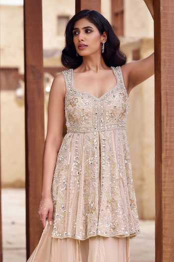 Buy Nidhika Shekhar Pink Georgette Sweetheart Neck, Mrinalini Embroidered Flared Kurta Sharara Set Online at Aza Fashions Buy_Nidhika Shekhar_Pink Georgette Sweetheart Neck, Mrinalini Embroidered Flared Kurta Sharara Set _Online_at_Aza_Fashions