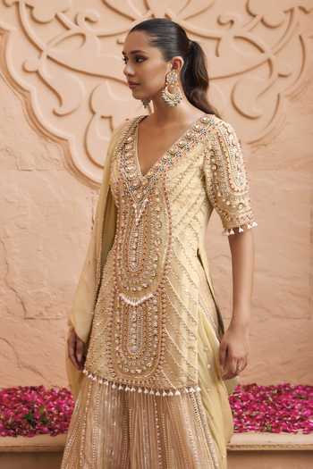 Nidhika Shekhar Gold Tissue, Shantoon V-neck, Yes Kanchan Meher Embroidered Kurta Sharara Set Online at Aza Fashions Nidhika Shekhar_Gold Tissue, Shantoon V-neck, Yes Kanchan Meher Embroidered Kurta Sharara Set _Online_at_Aza_Fashions