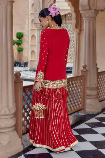 Nidhika Shekhar Red Crepe Leaf Neck, Yes Padma Valli Embroidered Sharara Set Online at Aza Fashions Nidhika Shekhar_Red Crepe Leaf Neck, Yes Padma Valli Embroidered Sharara Set _Online_at_Aza_Fashions