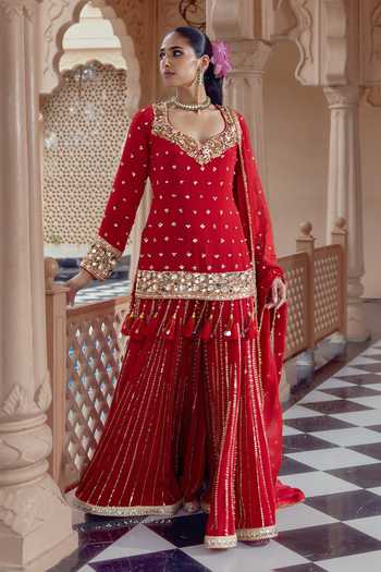 Buy Nidhika Shekhar Red Crepe Leaf Neck, Yes Padma Valli Embroidered Sharara Set Online at Aza Fashions Buy_Nidhika Shekhar_Red Crepe Leaf Neck, Yes Padma Valli Embroidered Sharara Set _Online_at_Aza_Fashions