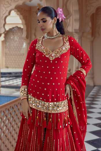 Nidhika Shekhar Red Crepe Leaf Neck, Yes Padma Valli Embroidered Sharara Set at Aza Fashions Nidhika Shekhar_Red Crepe Leaf Neck, Yes Padma Valli Embroidered Sharara Set _at_Aza_Fashions