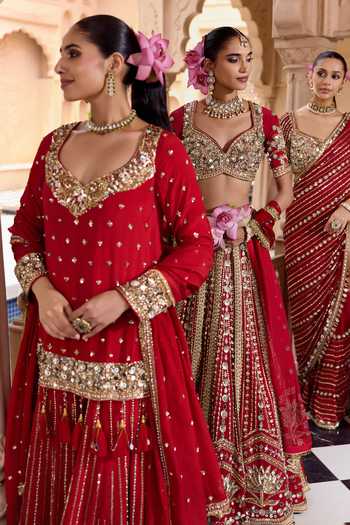 Buy Nidhika Shekhar Red Crepe Leaf Neck, Yes Padma Valli Embroidered Sharara Set Buy_Nidhika Shekhar_Red Crepe Leaf Neck, Yes Padma Valli Embroidered Sharara Set