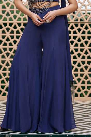 Nidhika Shekhar Blue Crepe, Shantoon One Shoulder Neel Dhara Embroidered Crop Top And Palazzo Set Online at Aza Fashions Nidhika Shekhar_Blue Crepe, Shantoon One Shoulder Neel Dhara Embroidered Crop Top And Palazzo Set _Online_at_Aza_Fashions