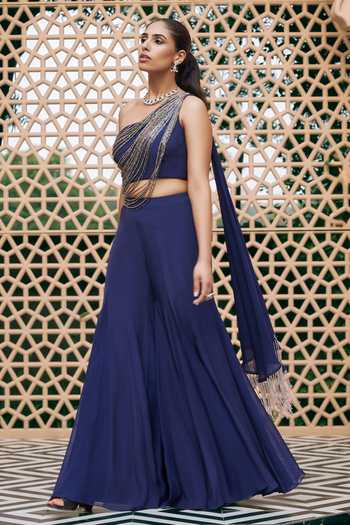 Shop Nidhika Shekhar Blue Crepe, Shantoon One Shoulder Neel Dhara Embroidered Crop Top And Palazzo Set Online at Aza Fashions Shop_Nidhika Shekhar_Blue Crepe, Shantoon One Shoulder Neel Dhara Embroidered Crop Top And Palazzo Set _Online_at_Aza_Fashions