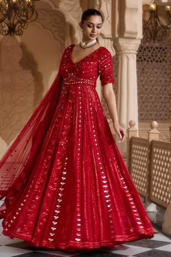 Nidhika Shekhar Red Shantoon, Georgette V-neck Raktambara Embroidered Anarkali And Dupatta Set Online at Aza Fashions Nidhika Shekhar_Red Shantoon, Georgette V-neck Raktambara Embroidered Anarkali And Dupatta Set _Online_at_Aza_Fashions