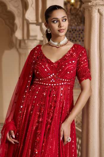 Buy Nidhika Shekhar Red Shantoon, Georgette V-neck Raktambara Embroidered Anarkali And Dupatta Set Online at Aza Fashions Buy_Nidhika Shekhar_Red Shantoon, Georgette V-neck Raktambara Embroidered Anarkali And Dupatta Set _Online_at_Aza_Fashions