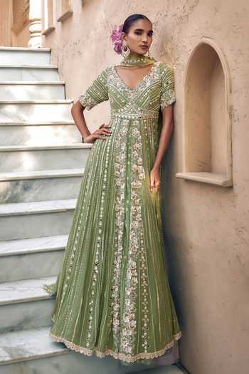 Nidhika Shekhar Green Georgette, Shantoon V-neck Padma Noor Embroidered Anarkali With Dupatta Online at Aza Fashions Nidhika Shekhar_Green Georgette, Shantoon V-neck Padma Noor Embroidered Anarkali With Dupatta _Online_at_Aza_Fashions