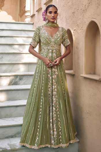 Buy Nidhika Shekhar Green Georgette, Shantoon V-neck Padma Noor Embroidered Anarkali With Dupatta Online at Aza Fashions Buy_Nidhika Shekhar_Green Georgette, Shantoon V-neck Padma Noor Embroidered Anarkali With Dupatta _Online_at_Aza_Fashions