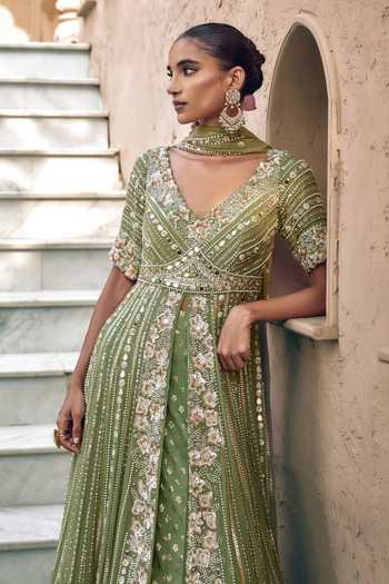 Shop Nidhika Shekhar Green Georgette, Shantoon V-neck Padma Noor Embroidered Anarkali With Dupatta Online at Aza Fashions Shop_Nidhika Shekhar_Green Georgette, Shantoon V-neck Padma Noor Embroidered Anarkali With Dupatta _Online_at_Aza_Fashions
