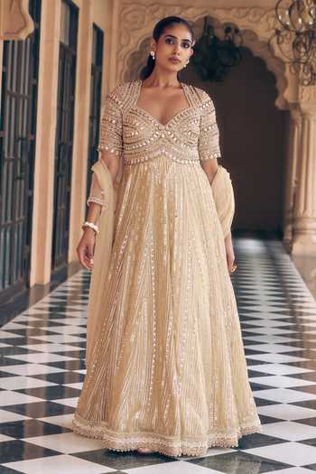 Shop Nidhika Shekhar Gold Tissue Sweetheart Neck Noor Kamalutsav Embroidered Anarkali With Dupatta Online at Aza Fashions Shop_Nidhika Shekhar_Gold Tissue Sweetheart Neck Noor Kamalutsav Embroidered Anarkali With Dupatta _Online_at_Aza_Fashions