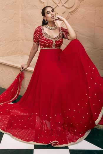 Nidhika Shekhar Red Georgette, Shantoon Rajrani Yoke Embroidered Anarkali With Dupatta Online at Aza Fashions Nidhika Shekhar_Red Georgette, Shantoon Rajrani Yoke Embroidered Anarkali With Dupatta _Online_at_Aza_Fashions