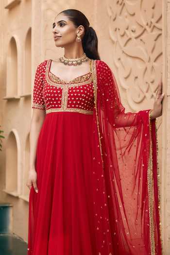 Buy Nidhika Shekhar Red Georgette, Shantoon Rajrani Yoke Embroidered Anarkali With Dupatta Online at Aza Fashions Buy_Nidhika Shekhar_Red Georgette, Shantoon Rajrani Yoke Embroidered Anarkali With Dupatta _Online_at_Aza_Fashions