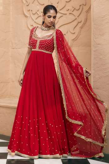 Shop Nidhika Shekhar Red Georgette, Shantoon Rajrani Yoke Embroidered Anarkali With Dupatta Online at Aza Fashions Shop_Nidhika Shekhar_Red Georgette, Shantoon Rajrani Yoke Embroidered Anarkali With Dupatta _Online_at_Aza_Fashions