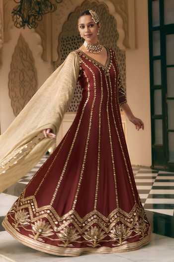 Nidhika Shekhar Brown Crepe, Tissue V-neck Tamra Padma Embroidered Anarkali Set Online at Aza Fashions Nidhika Shekhar_Brown Crepe, Tissue V-neck Tamra Padma Embroidered Anarkali Set _Online_at_Aza_Fashions