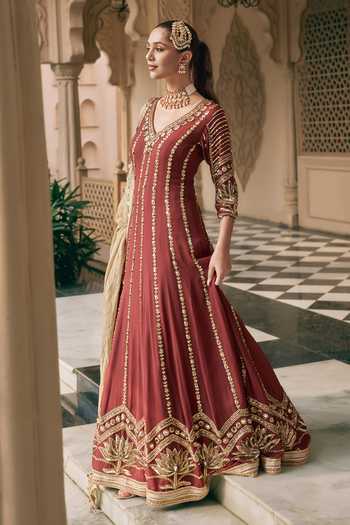 Buy Nidhika Shekhar Brown Crepe, Tissue V-neck Tamra Padma Embroidered Anarkali Set Online at Aza Fashions Buy_Nidhika Shekhar_Brown Crepe, Tissue V-neck Tamra Padma Embroidered Anarkali Set _Online_at_Aza_Fashions