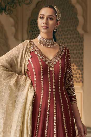 Shop Nidhika Shekhar Brown Crepe, Tissue V-neck Tamra Padma Embroidered Anarkali Set Online at Aza Fashions Shop_Nidhika Shekhar_Brown Crepe, Tissue V-neck Tamra Padma Embroidered Anarkali Set _Online_at_Aza_Fashions