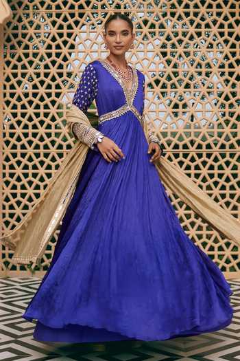Buy Nidhika Shekhar Purple Tissue V-neck Neelambara Embroidered Anarkali With Dupatta Online at Aza Fashions Buy_Nidhika Shekhar_Purple Tissue V-neck Neelambara Embroidered Anarkali With Dupatta _Online_at_Aza_Fashions