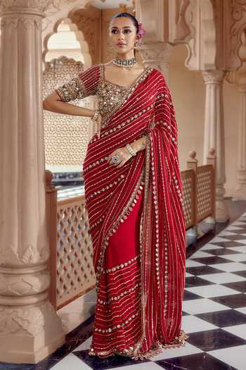 Nidhika Shekhar_Red Georgette Sweetheart Neck Rajraga Jalsaa Embroidered Saree With Blouse _Online_at_Aza_Fashions