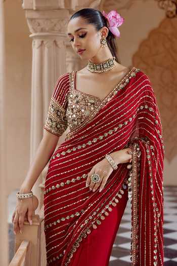 Shop_Nidhika Shekhar_Red Georgette Sweetheart Neck Rajraga Jalsaa Embroidered Saree With Blouse _Online_at_Aza_Fashions