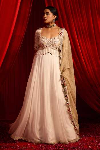 Nidhika Shekhar Ivory Georgette, Tissue, Shwet Sangati Embroidered Anarkali With Dupatta Online at Aza Fashions Nidhika Shekhar_Ivory Georgette, Tissue, Shwet Sangati Embroidered Anarkali With Dupatta _Online_at_Aza_Fashions