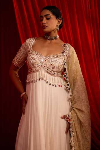 Buy Nidhika Shekhar Ivory Georgette, Tissue, Shwet Sangati Embroidered Anarkali With Dupatta Online at Aza Fashions Buy_Nidhika Shekhar_Ivory Georgette, Tissue, Shwet Sangati Embroidered Anarkali With Dupatta _Online_at_Aza_Fashions