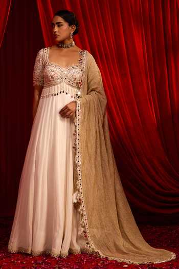 Nidhika Shekhar Shwet Sangati Embroidered Anarkali With Dupatta 