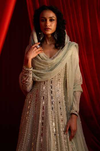 Buy NIDHIKA SHEKHAR Green Georgette, Net V-neck Meeras Embroidered Anarkali With Dupatta Online at Aza Fashions Buy_NIDHIKA SHEKHAR_Green Georgette, Net V-neck Meeras Embroidered Anarkali With Dupatta _Online_at_Aza_Fashions