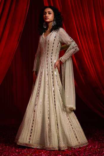 Shop NIDHIKA SHEKHAR Green Georgette, Net V-neck Meeras Embroidered Anarkali With Dupatta Online at Aza Fashions Shop_NIDHIKA SHEKHAR_Green Georgette, Net V-neck Meeras Embroidered Anarkali With Dupatta _Online_at_Aza_Fashions