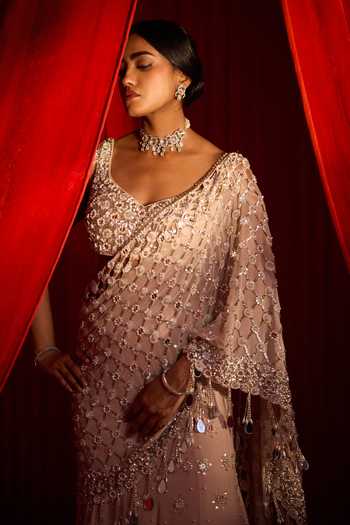 NIDHIKA SHEKHAR Pink Georgette V-neck Varni Anvaya Embroidered Lehenga Saree With Blouse Online at Aza Fashions NIDHIKA SHEKHAR_Pink Georgette V-neck Varni Anvaya Embroidered Lehenga Saree With Blouse _Online_at_Aza_Fashions