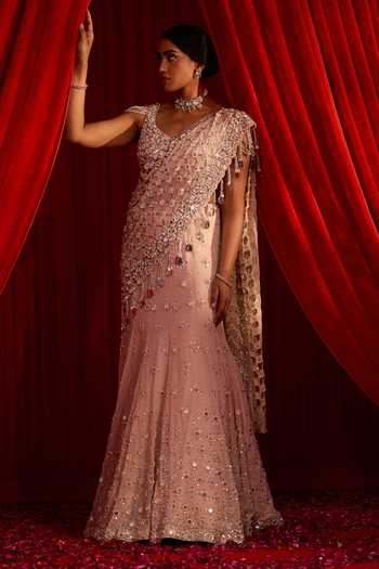Buy NIDHIKA SHEKHAR Pink Georgette V-neck Varni Anvaya Embroidered Lehenga Saree With Blouse Online at Aza Fashions Buy_NIDHIKA SHEKHAR_Pink Georgette V-neck Varni Anvaya Embroidered Lehenga Saree With Blouse _Online_at_Aza_Fashions