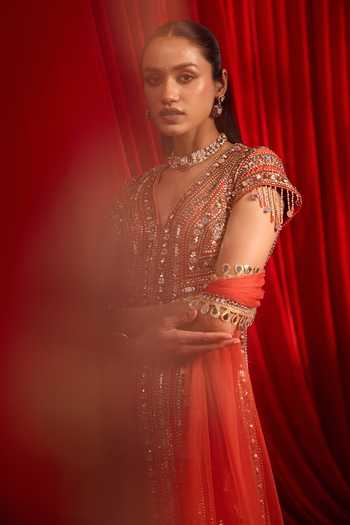 Buy NIDHIKA SHEKHAR Orange Chanderi, Net V-neck, Yes Narangi Meeras Embroidered Kurta Lehenga Set Online at Aza Fashions Buy_NIDHIKA SHEKHAR_Orange Chanderi, Net V-neck, Yes Narangi Meeras Embroidered Kurta Lehenga Set _Online_at_Aza_Fashions
