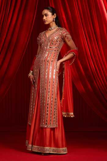 Shop NIDHIKA SHEKHAR Orange Chanderi, Net V-neck, Yes Narangi Meeras Embroidered Kurta Lehenga Set Online at Aza Fashions Shop_NIDHIKA SHEKHAR_Orange Chanderi, Net V-neck, Yes Narangi Meeras Embroidered Kurta Lehenga Set _Online_at_Aza_Fashions
