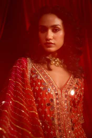 NIDHIKA SHEKHAR Orange Chanderi, Net, Shantoon Narangi Anvaya Embellished Kurta Lehenga Set Online at Aza Fashions NIDHIKA SHEKHAR_Orange Chanderi, Net, Shantoon Narangi Anvaya Embellished Kurta Lehenga Set _Online_at_Aza_Fashions
