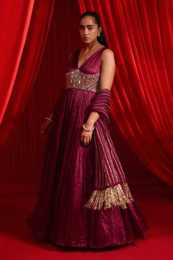 Buy NIDHIKA SHEKHAR Wine Organza V-neck Dhomal Anvaya Embroidered Corset Anarkali With Dupatta Online at Aza Fashions Buy_NIDHIKA SHEKHAR_Wine Organza V-neck Dhomal Anvaya Embroidered Corset Anarkali With Dupatta _Online_at_Aza_Fashions