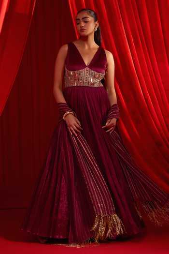 Shop NIDHIKA SHEKHAR Wine Organza V-neck Dhomal Anvaya Embroidered Corset Anarkali With Dupatta Online at Aza Fashions Shop_NIDHIKA SHEKHAR_Wine Organza V-neck Dhomal Anvaya Embroidered Corset Anarkali With Dupatta _Online_at_Aza_Fashions