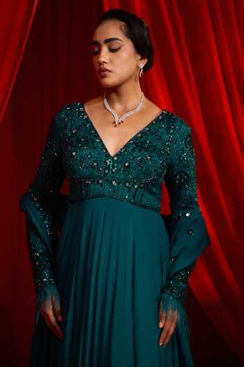 NIDHIKA SHEKHAR Blue Organza, Chiffon, Shantoon Haritah Anvaya Embroidered Anarkali With Dupatta Online at Aza Fashions NIDHIKA SHEKHAR_Blue Organza, Chiffon, Shantoon Haritah Anvaya Embroidered Anarkali With Dupatta _Online_at_Aza_Fashions