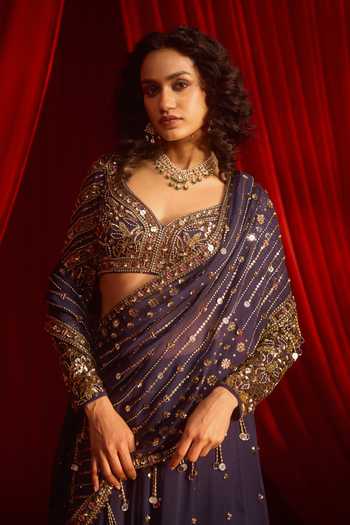 Buy NIDHIKA SHEKHAR Blue Satin, Net, Modal Neel Kamal Embroidered Lehenga Saree With Blouse Online at Aza Fashions Buy_NIDHIKA SHEKHAR_Blue Satin, Net, Modal Neel Kamal Embroidered Lehenga Saree With Blouse _Online_at_Aza_Fashions