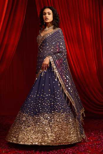 Shop NIDHIKA SHEKHAR Blue Satin, Net, Modal Neel Kamal Embroidered Lehenga Saree With Blouse Online at Aza Fashions Shop_NIDHIKA SHEKHAR_Blue Satin, Net, Modal Neel Kamal Embroidered Lehenga Saree With Blouse _Online_at_Aza_Fashions