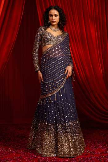 NIDHIKA SHEKHAR Blue Satin, Net, Modal Neel Kamal Embroidered Lehenga Saree With Blouse at Aza Fashions NIDHIKA SHEKHAR_Blue Satin, Net, Modal Neel Kamal Embroidered Lehenga Saree With Blouse _at_Aza_Fashions