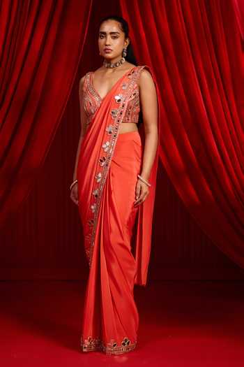 NIDHIKA SHEKHAR Orange Crepe V-neck Sangati Border Embroidered Pre-draped Saree With Blouse Online at Aza Fashions NIDHIKA SHEKHAR_Orange Crepe V-neck Sangati Border Embroidered Pre-draped Saree With Blouse _Online_at_Aza_Fashions
