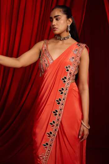 Buy NIDHIKA SHEKHAR Orange Crepe V-neck Sangati Border Embroidered Pre-draped Saree With Blouse Online at Aza Fashions Buy_NIDHIKA SHEKHAR_Orange Crepe V-neck Sangati Border Embroidered Pre-draped Saree With Blouse _Online_at_Aza_Fashions