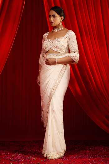 NIDHIKA SHEKHAR Ivory Crepe Sanyoga Placement Embroidered Pre-draped Saree With Blouse Online at Aza Fashions NIDHIKA SHEKHAR_Ivory Crepe Sanyoga Placement Embroidered Pre-draped Saree With Blouse _Online_at_Aza_Fashions