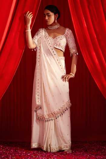 Shop NIDHIKA SHEKHAR Ivory Crepe Sanyoga Placement Embroidered Pre-draped Saree With Blouse Online at Aza Fashions Shop_NIDHIKA SHEKHAR_Ivory Crepe Sanyoga Placement Embroidered Pre-draped Saree With Blouse _Online_at_Aza_Fashions