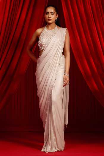 NIDHIKA SHEKHAR Shwet Sanyoga Pre-Draped Saree With Embroidered Blouse