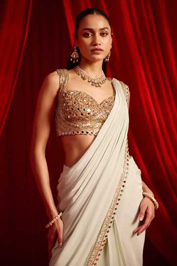 Buy NIDHIKA SHEKHAR Green Crepe Sweetheart Iktar Pre-draped Saree With Sequin Embellished Blouse Online at Aza Fashions Buy_NIDHIKA SHEKHAR_Green Crepe Sweetheart Iktar Pre-draped Saree With Sequin Embellished Blouse _Online_at_Aza_Fashions